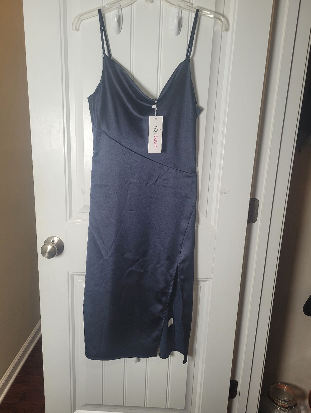 D&M Cowl neck Slip Midi Dress with Side Slit - Navy.  Size S
